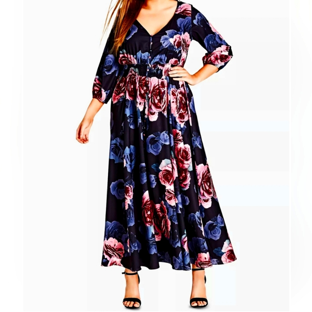 City Chic Black Floral Button Front 3/4 Sleeves Maxi Dress Size 22